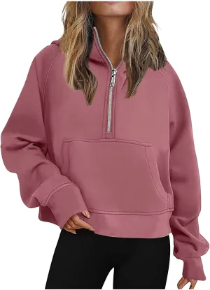 Women's Half Zip Up Hoodie Long Sleeve Hooded Sweatshirt Solid Color Oversized Sweatshirt Casual Sweaters for Trendy