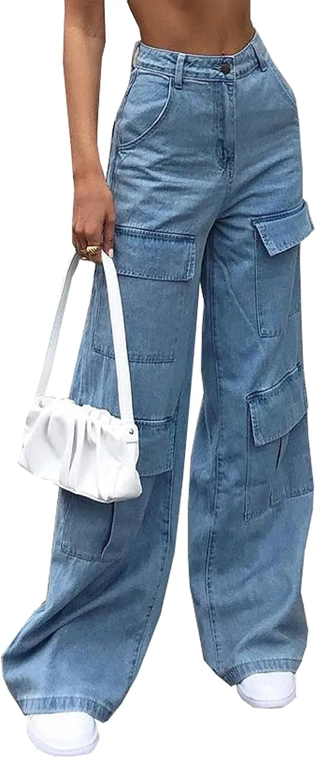 Women's High Waist Baggy Jeans Flap Pocket Relaxed Fit Straight Wide Leg Y2K Fashion Cargo Jeans