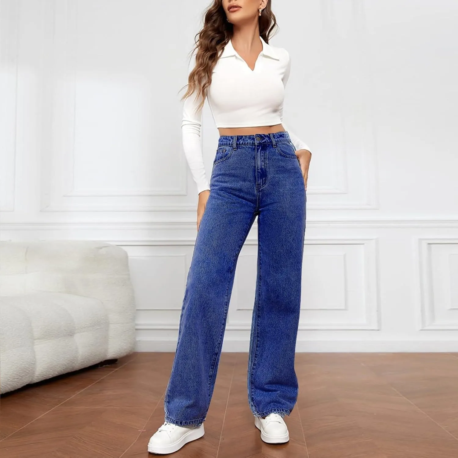 Women's High Waisted Straight Leg Jeans Pants Trendy with Pockets Skinny Stretch Ripped Jeans Destroyed Denim Pants