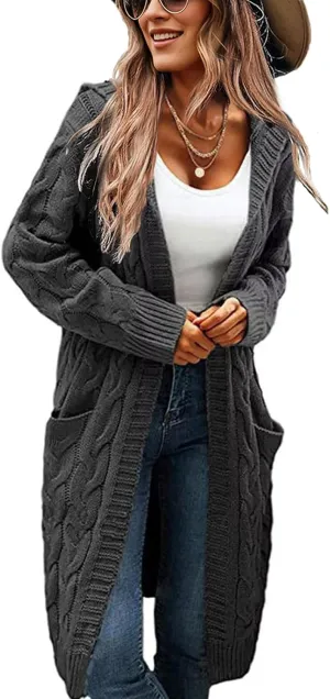 Women's Hooded Open Front Long Cardigan Cable Knit Sweaters Side Pocket Oversized Chunky Cardigan Outwear Coat
