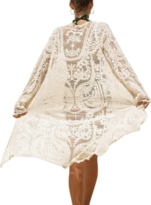 Women's Lace Cardigan Floral Crochet Sheer Beach Cover Ups Long Open Kimono