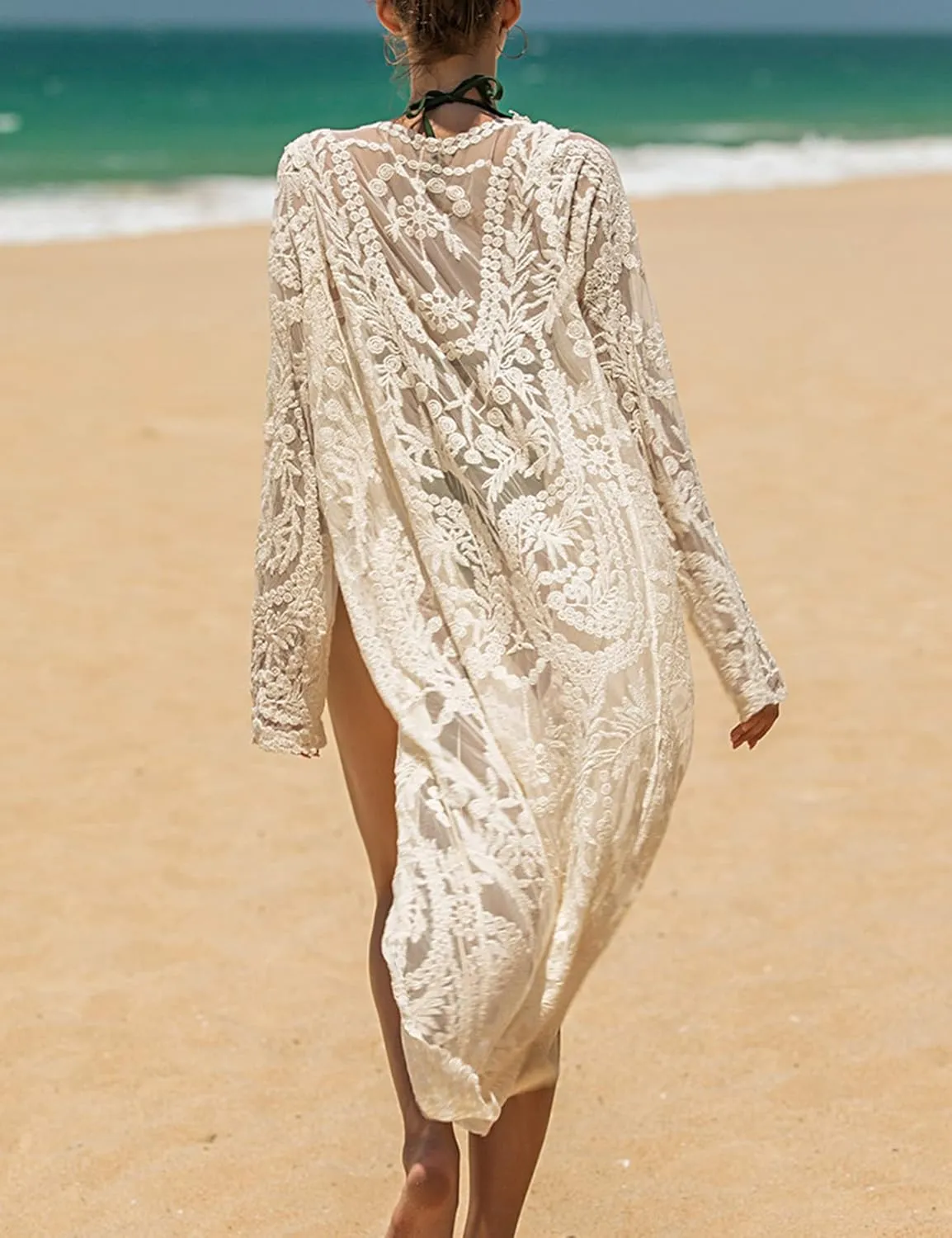 Women's Lace Cardigan Floral Crochet Sheer Beach Cover Ups Long Open Kimono