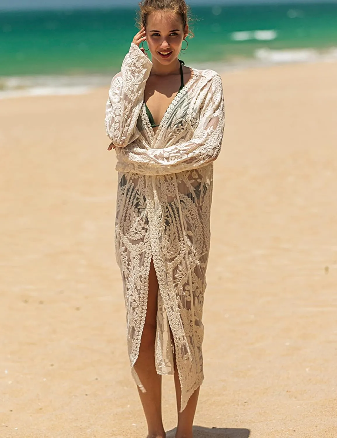 Women's Lace Cardigan Floral Crochet Sheer Beach Cover Ups Long Open Kimono