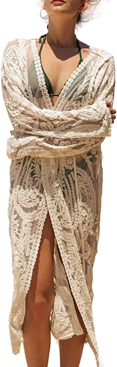 Women's Lace Cardigan Floral Crochet Sheer Beach Cover Ups Long Open Kimono