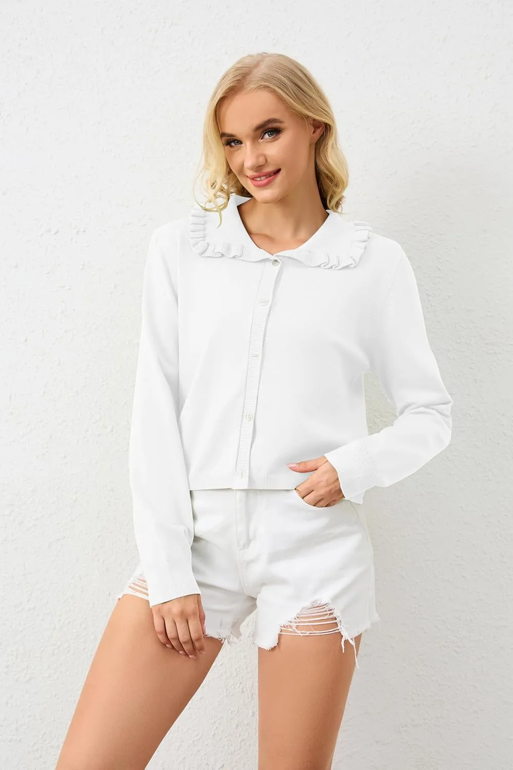 Women's Lapel Knitted Long Sleeve Cropped Cardigan Button Ruffle Collar Sweaters Trendy Fall Winter Outwear Coats