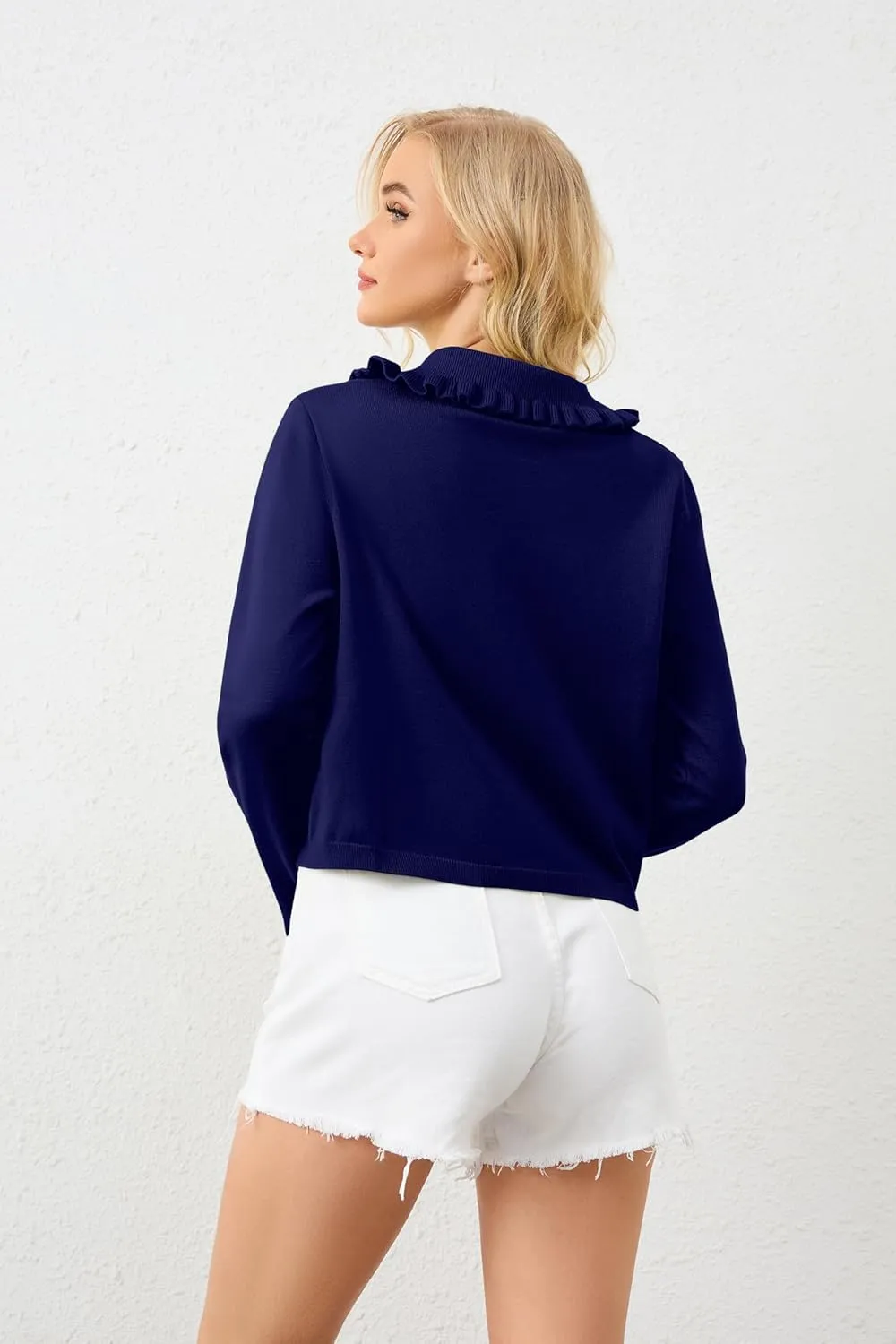 Women's Lapel Knitted Long Sleeve Cropped Cardigan Button Ruffle Collar Sweaters Trendy Fall Winter Outwear Coats