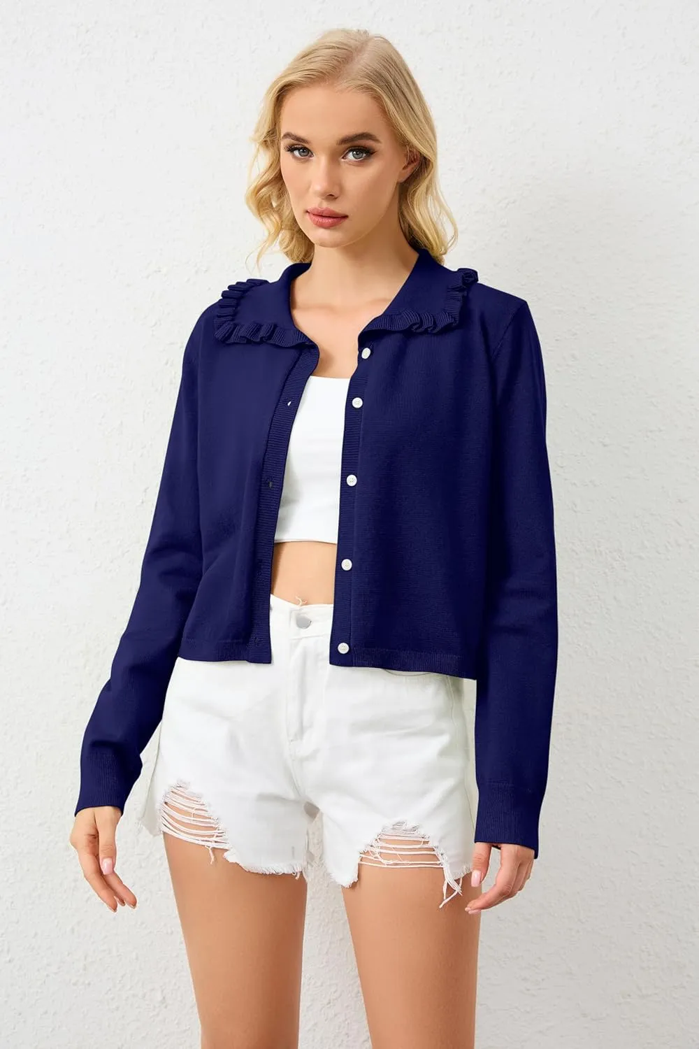 Women's Lapel Knitted Long Sleeve Cropped Cardigan Button Ruffle Collar Sweaters Trendy Fall Winter Outwear Coats