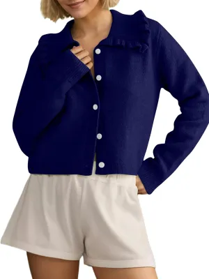 Women's Lapel Knitted Long Sleeve Cropped Cardigan Button Ruffle Collar Sweaters Trendy Fall Winter Outwear Coats