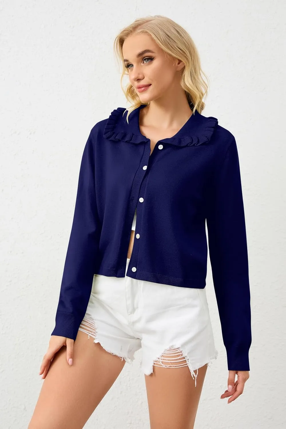 Women's Lapel Knitted Long Sleeve Cropped Cardigan Button Ruffle Collar Sweaters Trendy Fall Winter Outwear Coats