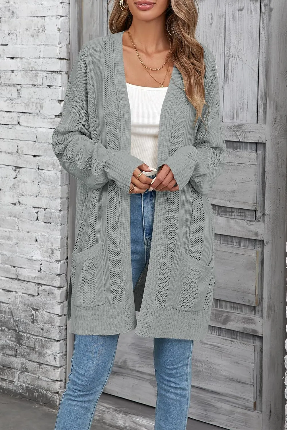 Womens Lightweight Hollow Out Crochet Knit Cardigan Drop Shoulder Loose Cardigan Sweaters