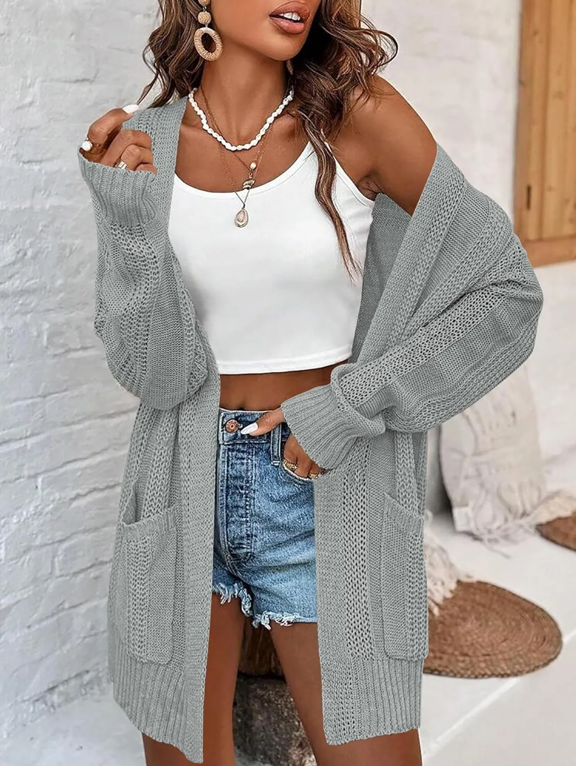 Womens Lightweight Hollow Out Crochet Knit Cardigan Drop Shoulder Loose Cardigan Sweaters