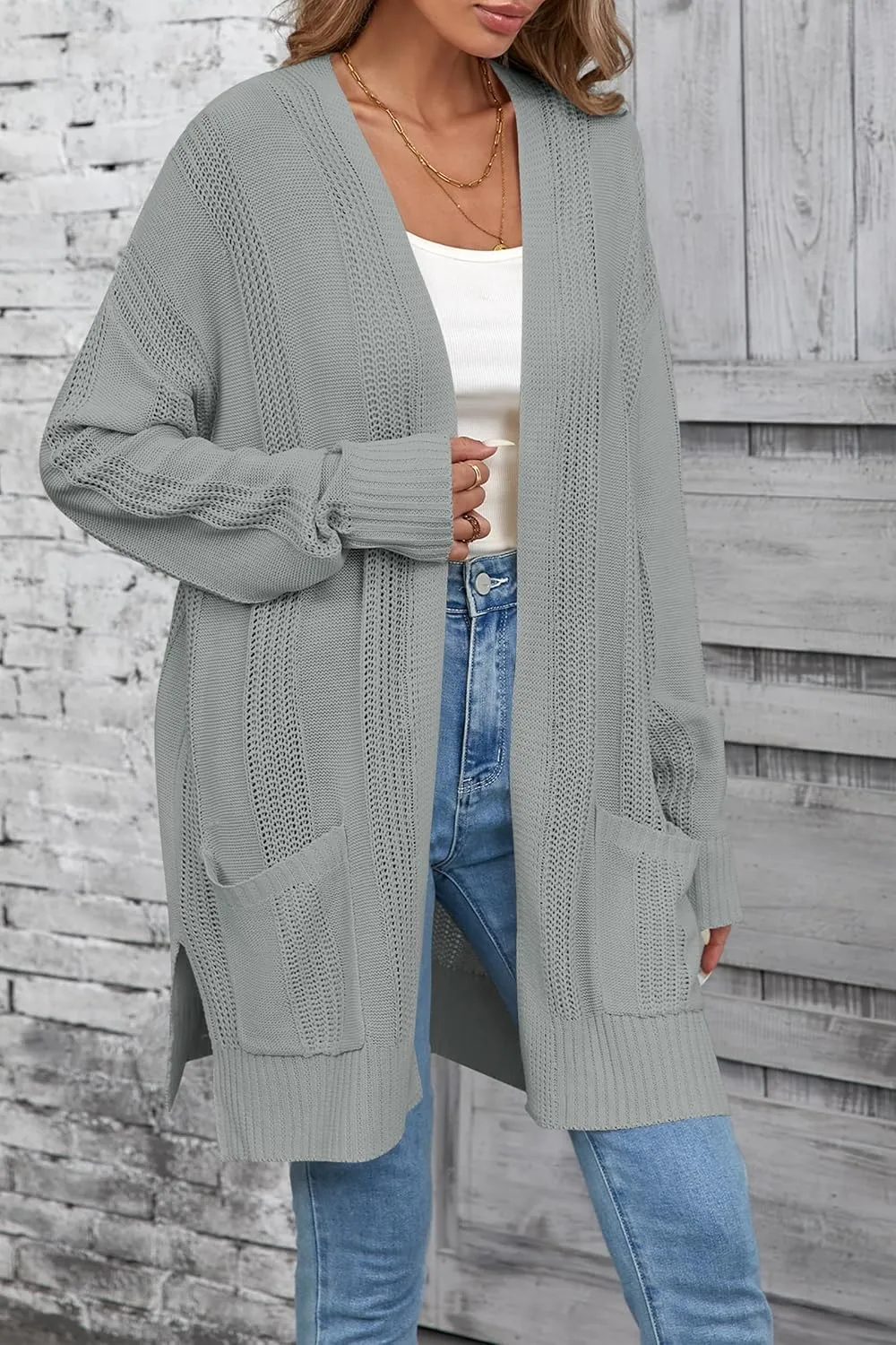 Womens Lightweight Hollow Out Crochet Knit Cardigan Drop Shoulder Loose Cardigan Sweaters