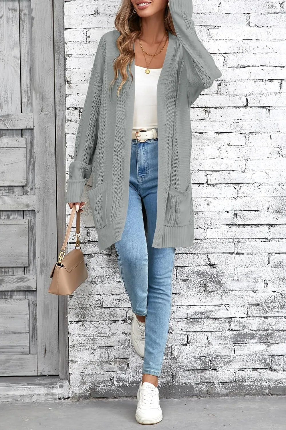 Womens Lightweight Hollow Out Crochet Knit Cardigan Drop Shoulder Loose Cardigan Sweaters