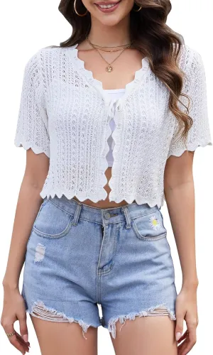 Women's Lightweight Short Sleeve V-Neck Button Down Cardigan Trendy Knit Hollowed-Out Shrugs Sweater