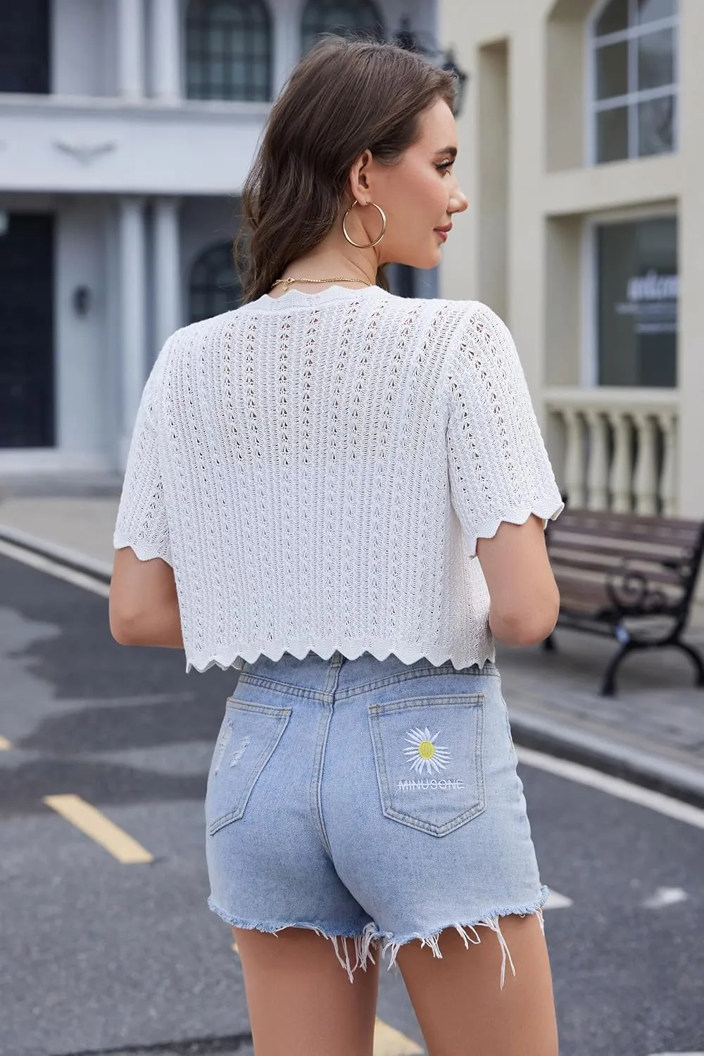 Women's Lightweight Short Sleeve V-Neck Button Down Cardigan Trendy Knit Hollowed-Out Shrugs Sweater