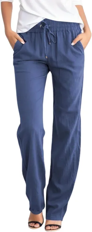 Women's Linen Blend Summer Boho Pant Trousers Elastic Waist Bootcut Slim Fit Pant Trousers Vacation