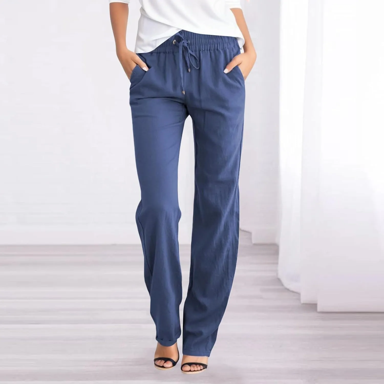 Women's Linen Blend Summer Boho Pant Trousers Elastic Waist Bootcut Slim Fit Pant Trousers Vacation