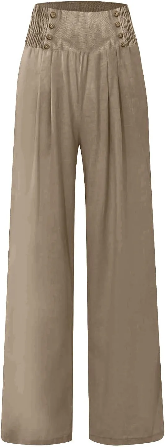 Womens Linen Blend Summer Casual Loose Palazzo Lounge Pants Low Waist Bootcut Plus Size Trousers Beach