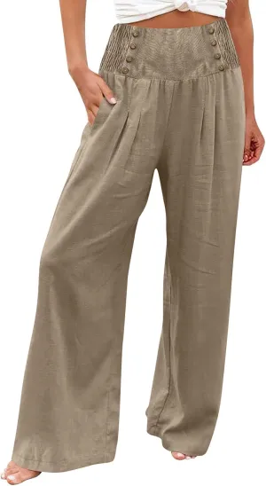 Womens Linen Blend Summer Casual Loose Palazzo Lounge Pants Low Waist Bootcut Plus Size Trousers Beach