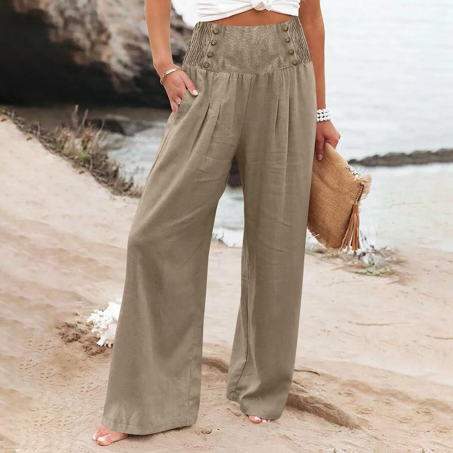 Womens Linen Blend Summer Casual Loose Palazzo Lounge Pants Low Waist Bootcut Plus Size Trousers Beach