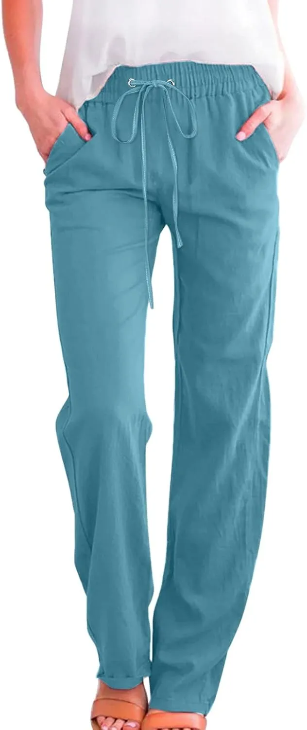 Women's Linen Blend Summer Comfy Palazzo Pants Low Waist Long Lounge Plus Size Palazzo Lounge Pants Office