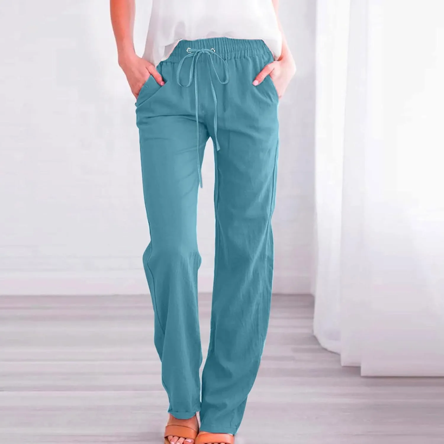 Women's Linen Blend Summer Comfy Palazzo Pants Low Waist Long Lounge Plus Size Palazzo Lounge Pants Office