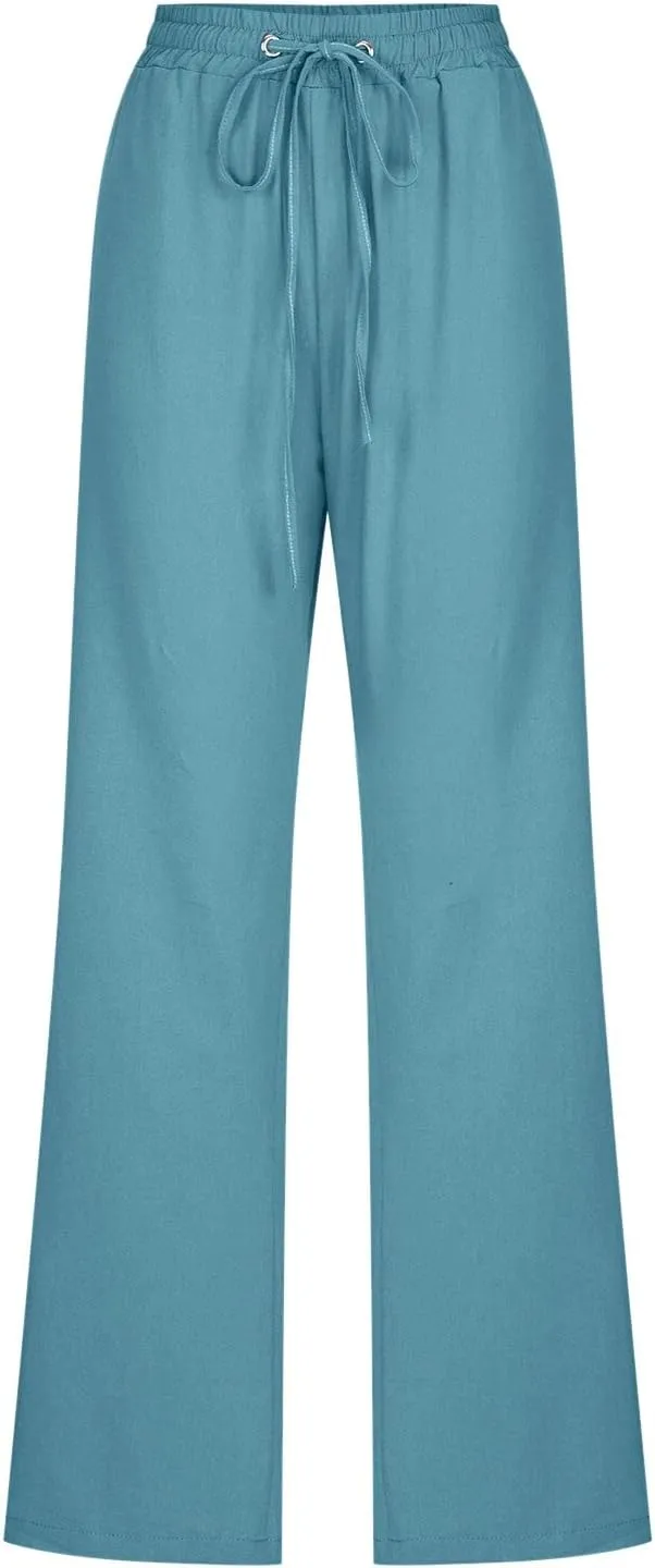 Women's Linen Blend Summer Comfy Palazzo Pants Low Waist Long Lounge Plus Size Palazzo Lounge Pants Office