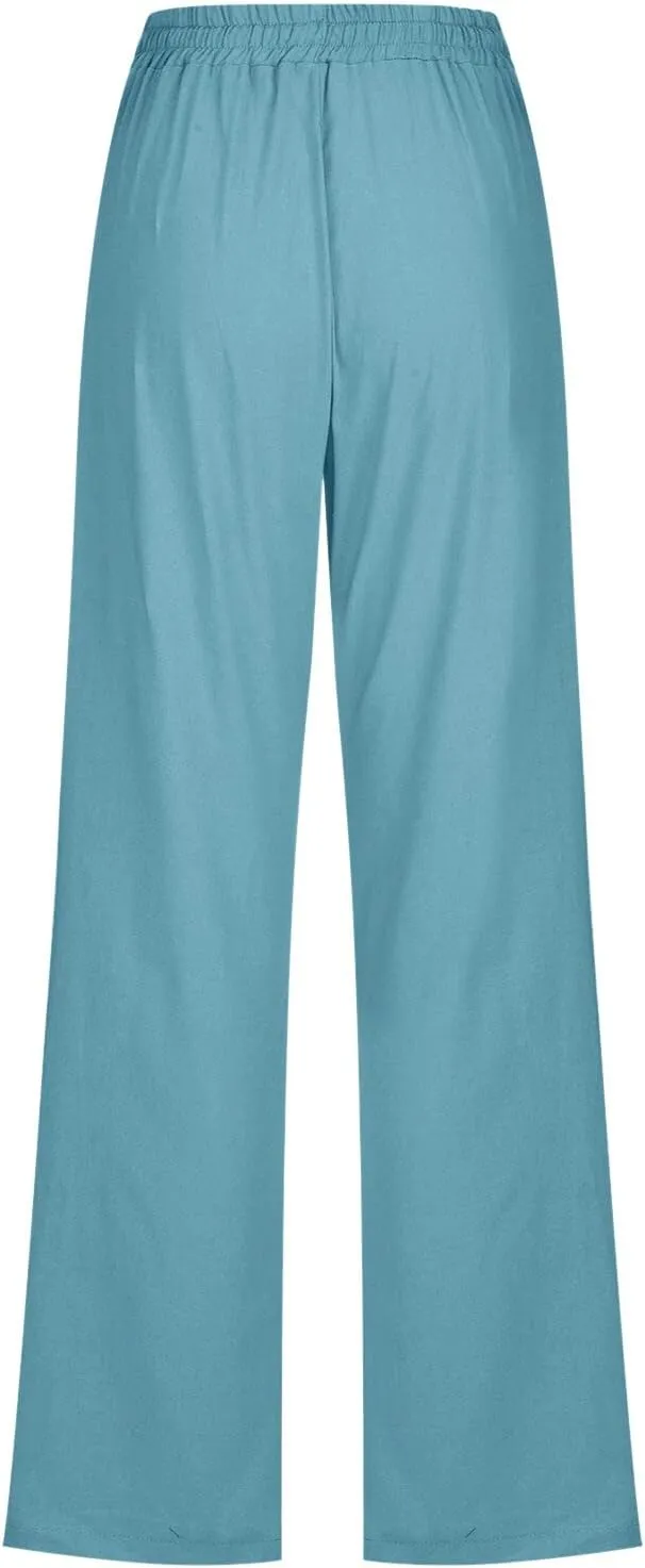 Women's Linen Blend Summer Comfy Palazzo Pants Low Waist Long Lounge Plus Size Palazzo Lounge Pants Office