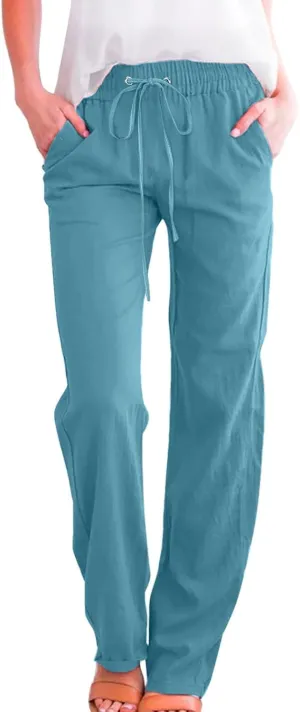 Women's Linen Blend Summer Comfy Palazzo Pants Low Waist Long Lounge Plus Size Palazzo Lounge Pants Office