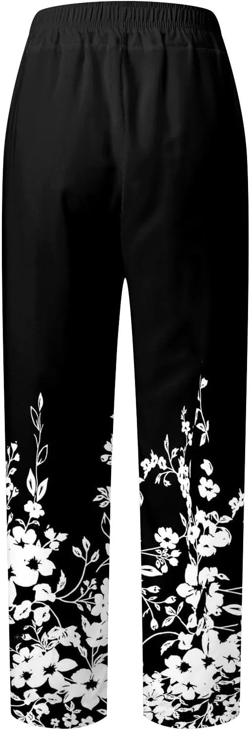 Women's Linen Blend Summer Loose Pant Trousers Elastic Waist Straight Plus Size Trouser Office
