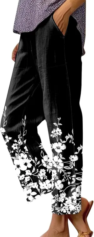 Women's Linen Blend Summer Loose Pant Trousers Elastic Waist Straight Plus Size Trouser Office