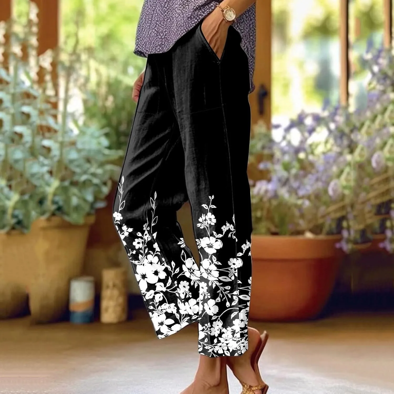 Women's Linen Blend Summer Loose Pant Trousers Elastic Waist Straight Plus Size Trouser Office
