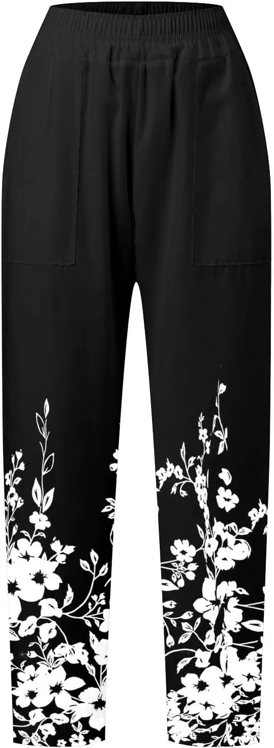 Women's Linen Blend Summer Loose Pant Trousers Elastic Waist Straight Plus Size Trouser Office