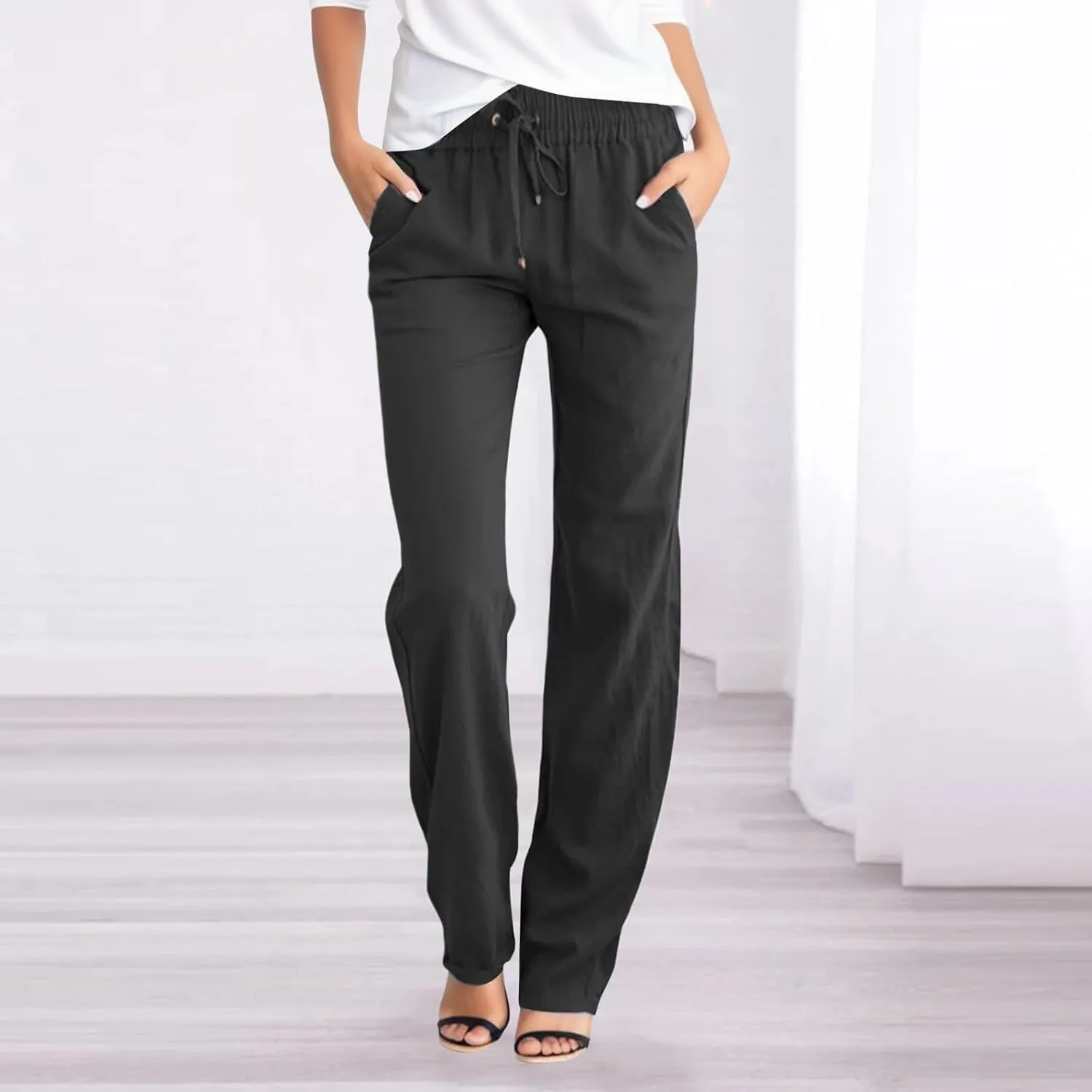 Women's Linen Blend Summer Loose Pant Trousers Elastic Waist Stretchy Plus Size Pants Vacation
