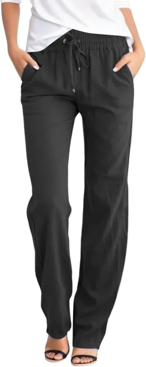 Women's Linen Blend Summer Loose Pant Trousers Elastic Waist Stretchy Plus Size Pants Vacation