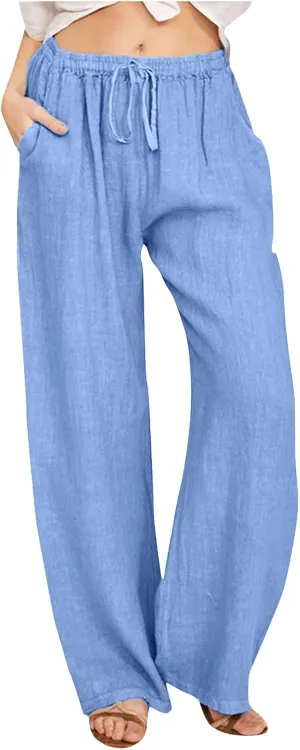 Womens Linen Blend Summer Printed Pants High Waist Ankle Length Plus Size Trouser Business Work