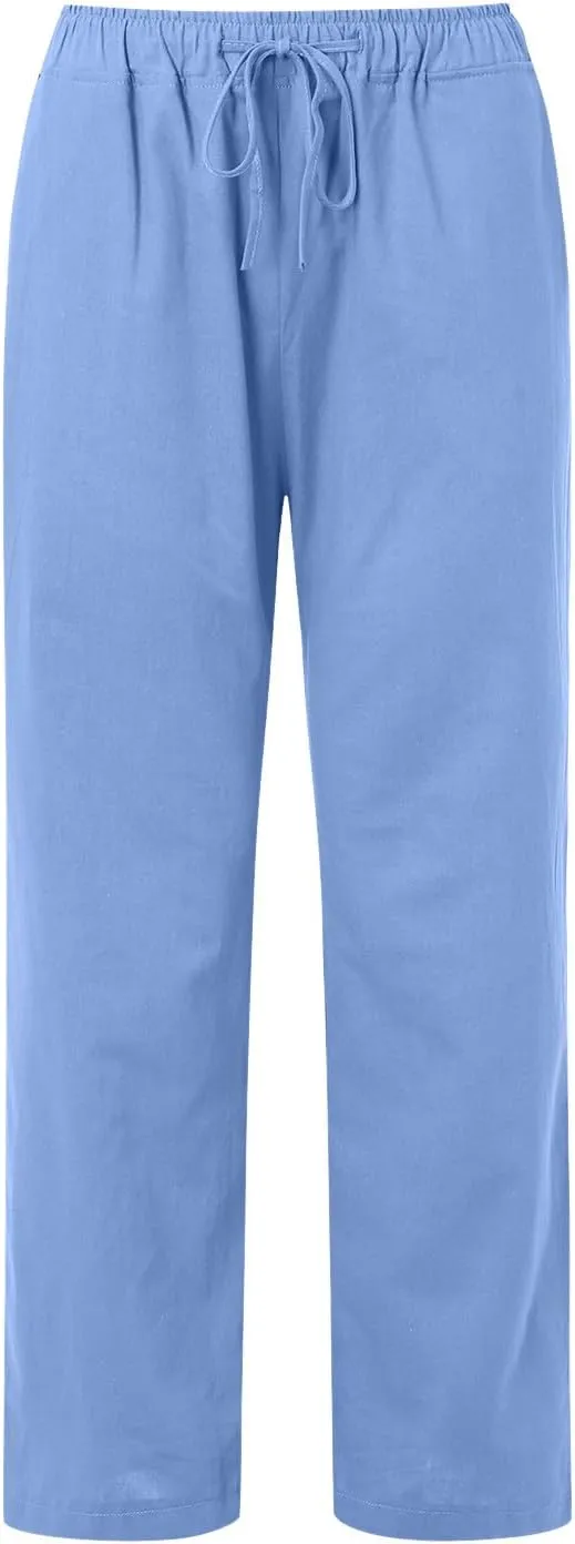 Womens Linen Blend Summer Printed Pants High Waist Ankle Length Plus Size Trouser Business Work