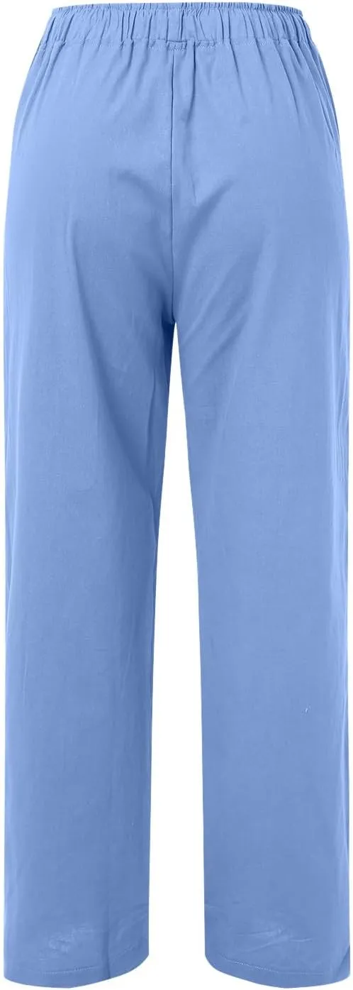 Womens Linen Blend Summer Printed Pants High Waist Ankle Length Plus Size Trouser Business Work