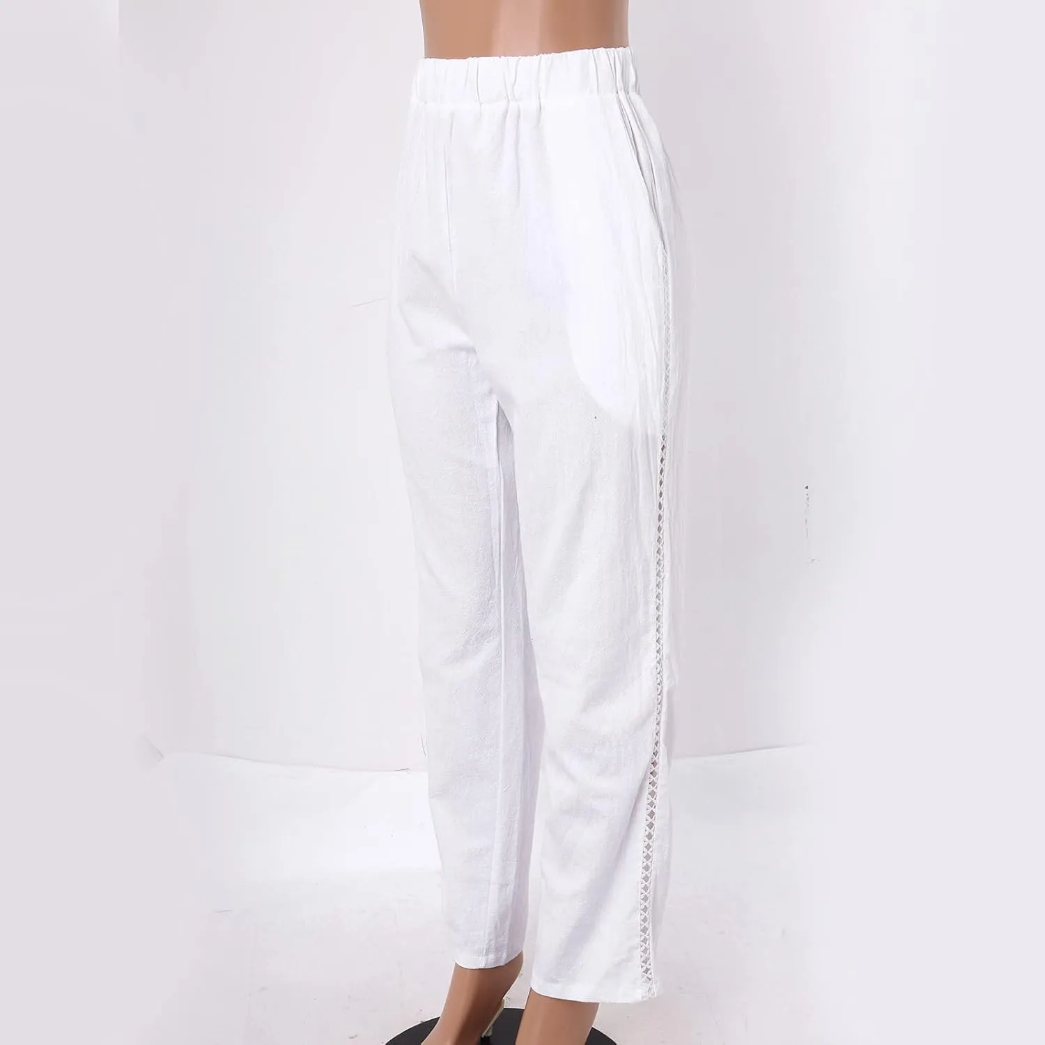 Womens Linen Pants 2025 Summer Elastic High Waist Split Hem Work Pants Casual Loose Drawstring Beach Trousers