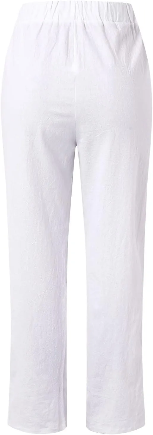 Womens Linen Pants 2025 Summer Elastic High Waist Split Hem Work Pants Casual Loose Drawstring Beach Trousers