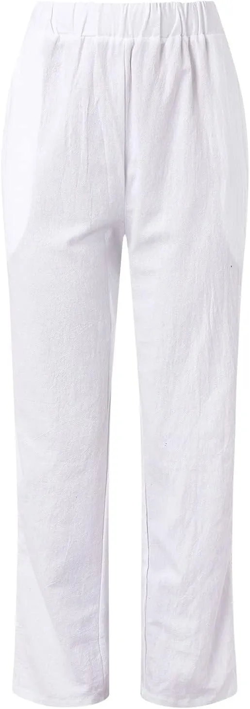 Womens Linen Pants 2025 Summer Elastic High Waist Split Hem Work Pants Casual Loose Drawstring Beach Trousers