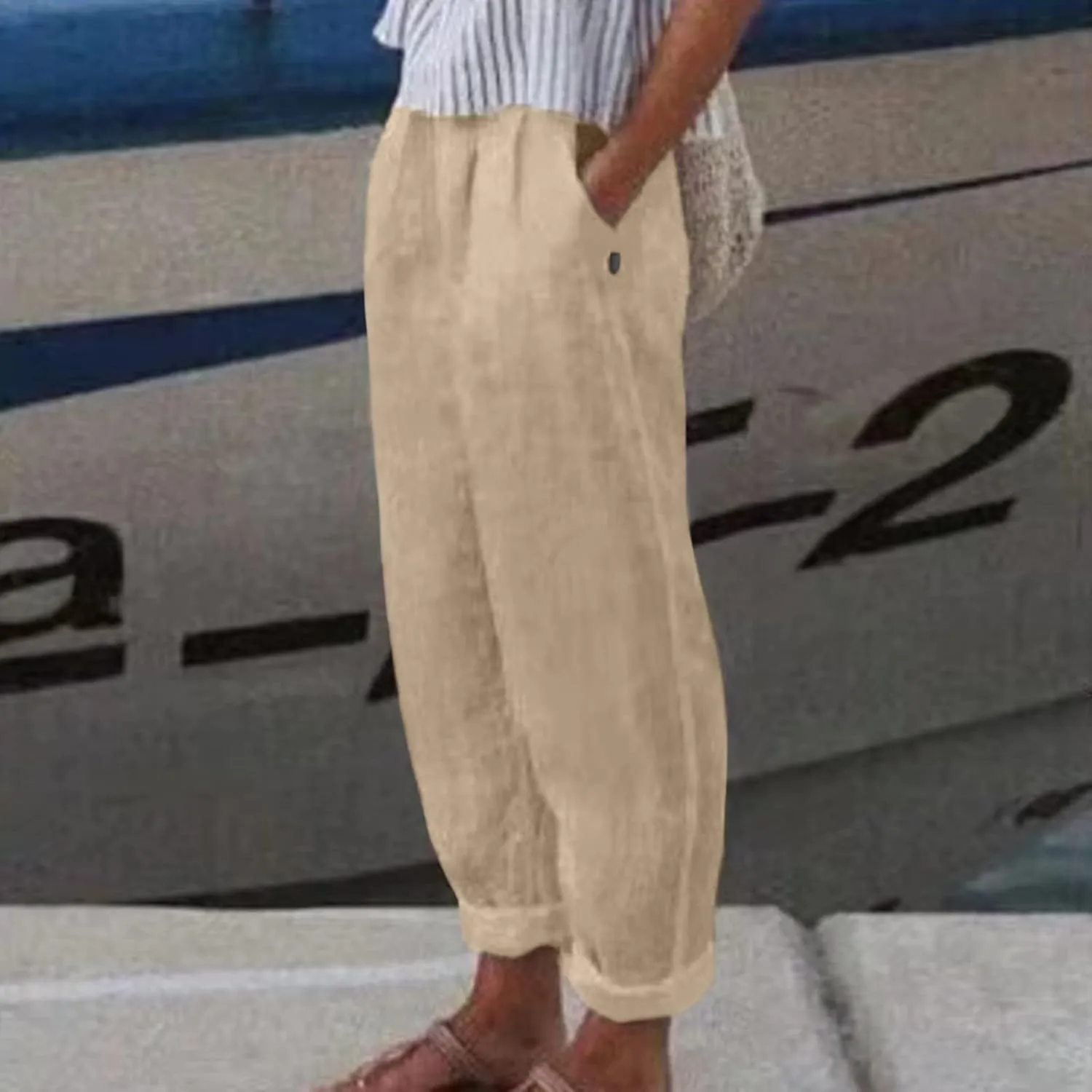 Womens Linen Pants Lightweight Straight Leg Pants Casual Elastic Waist Sweatpants Summer Beach Trousers with Pockets