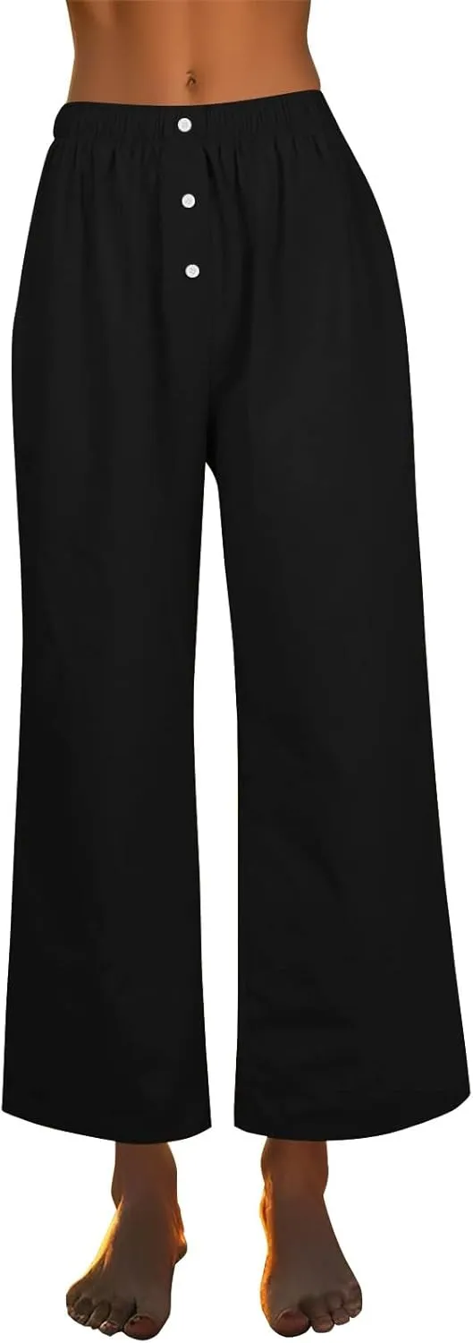 Women's Linen Pants Summer Wide Pants High Waist Trouser Loose Palazzo Pant Dressy with Pockets (S-2Xl)