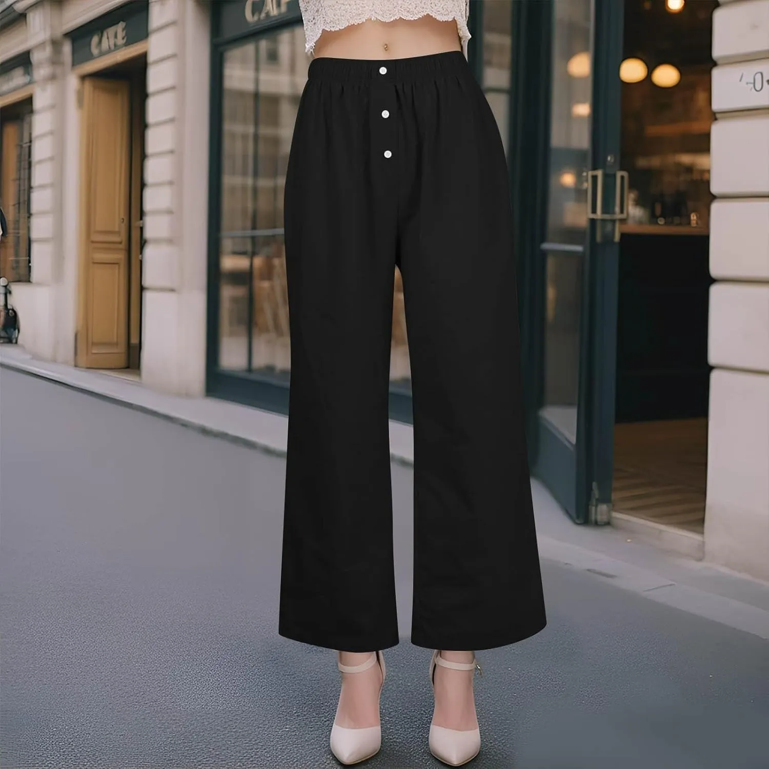 Women's Linen Pants Summer Wide Pants High Waist Trouser Loose Palazzo Pant Dressy with Pockets (S-2Xl)