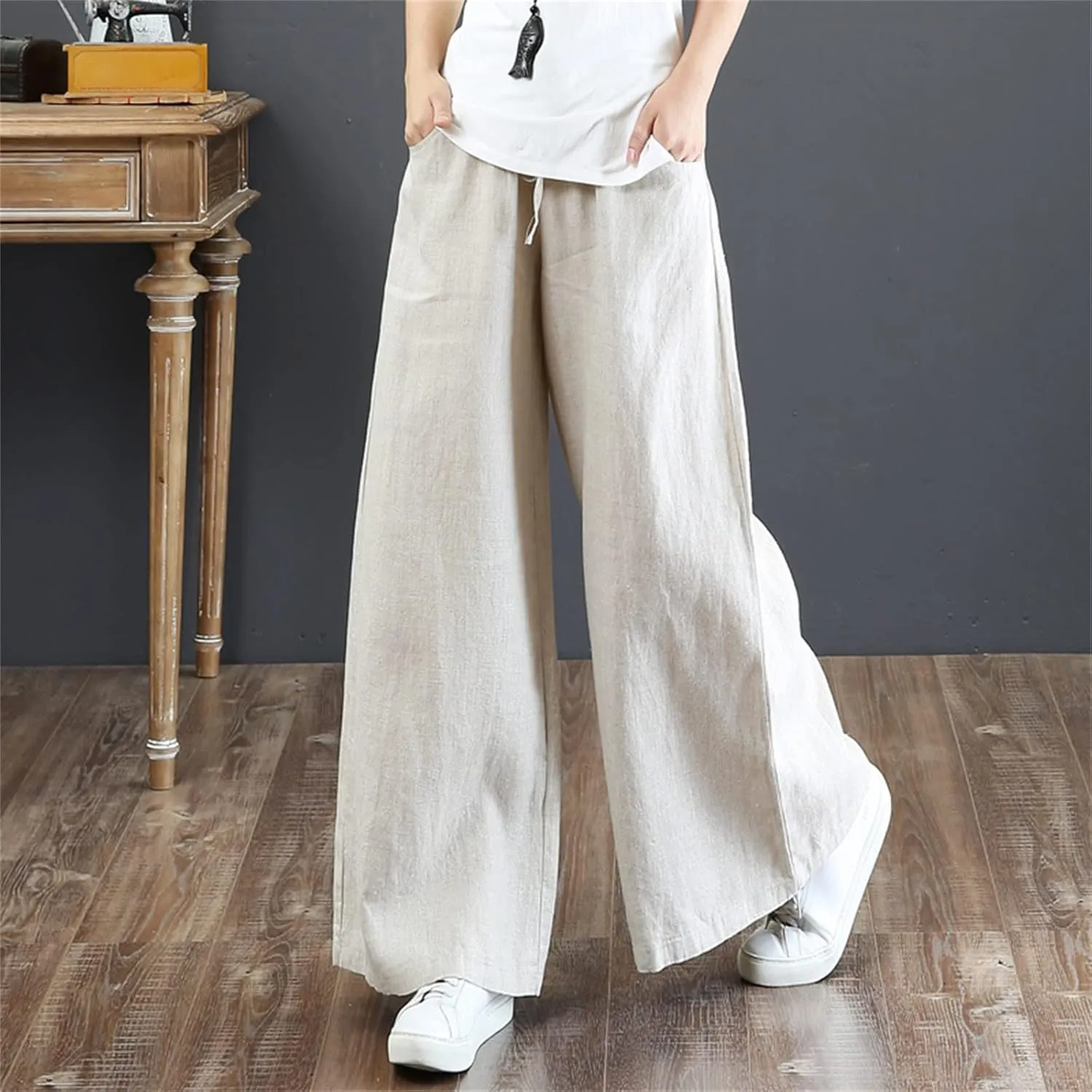 Women's Linen Summer Breathable Pant Trousers Elastic Waisted Wide Leg Slim-Fit Pants Business Work