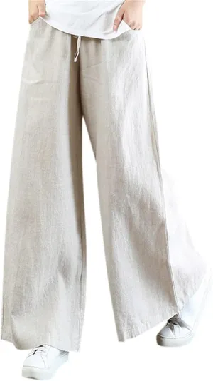 Women's Linen Summer Breathable Pant Trousers Elastic Waisted Wide Leg Slim-Fit Pants Business Work