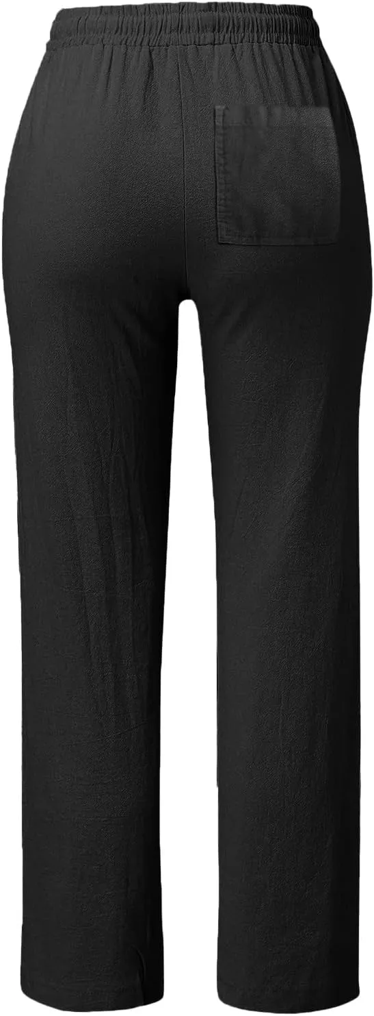 Womens Linen Summer Casual Pant Trousers Elastic Waist Long Lounge Slim Fit Palazzo Pants Trendy