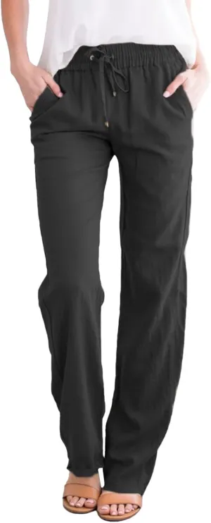 Womens Linen Summer Casual Pant Trousers Elastic Waist Long Lounge Slim Fit Palazzo Pants Trendy