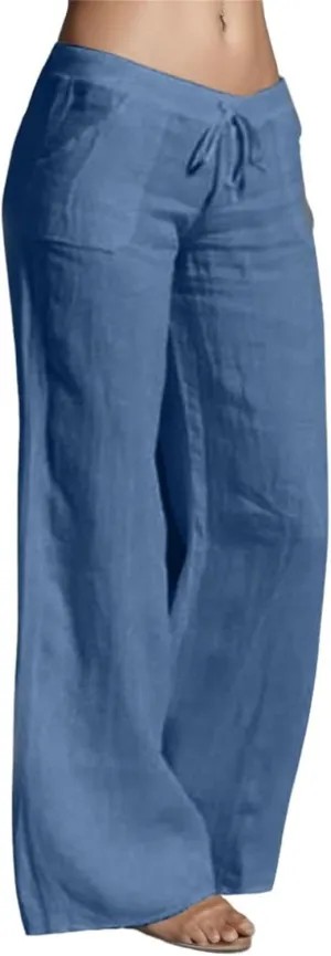Womens Linen Summer Fashion Pants Elastic Waisted Wide Leg Slim Fit Trousers Trendy