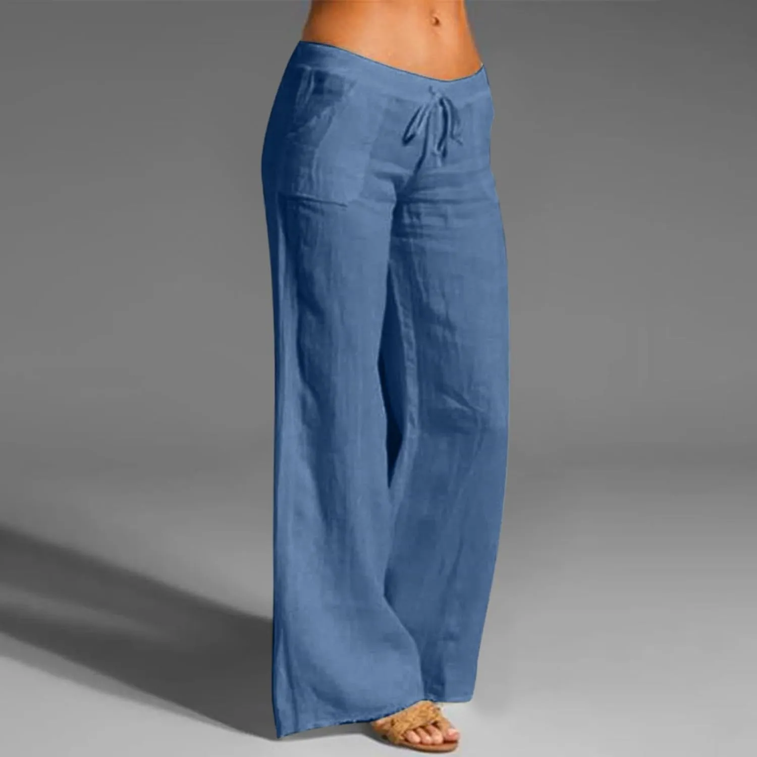 Womens Linen Summer Fashion Pants Elastic Waisted Wide Leg Slim Fit Trousers Trendy